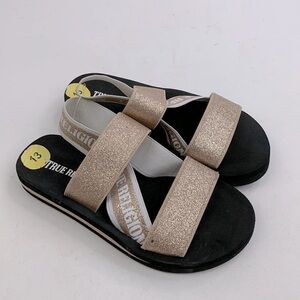 True Religion Sandals Black Rose Gold Sparkle Strappy Size 13 girls youth New